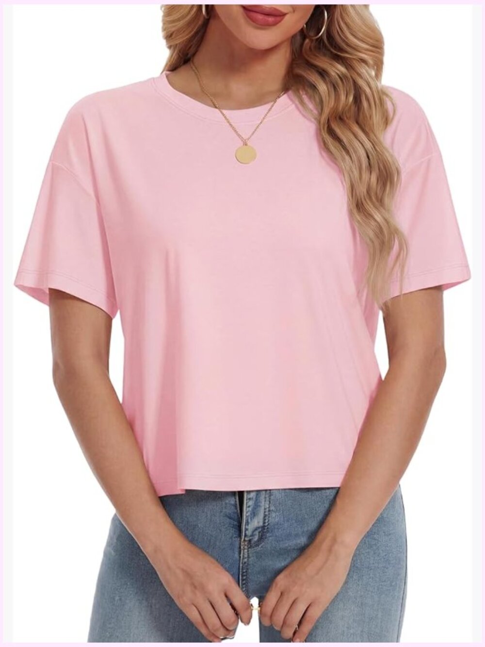 Cotton-Blend UPF 50+ Crop Top Tee Loose Fit Crew Neck Short Sleeve